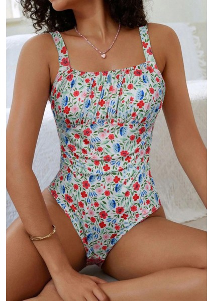 Çiçek Baskılı Büzgülü Kaplı Mayo fiyatları