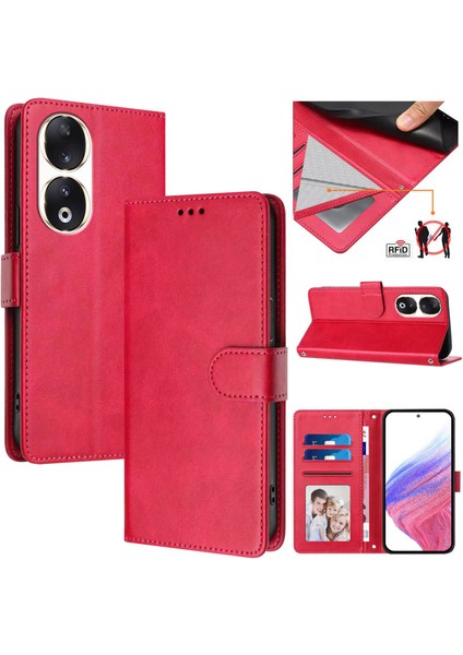 Honor 90 5g Flip Book Deri Cüzdan Çapraz Askılı Bileklik Bileklik Rfıd Engelleme Kılıfı (Yurt Dışından)