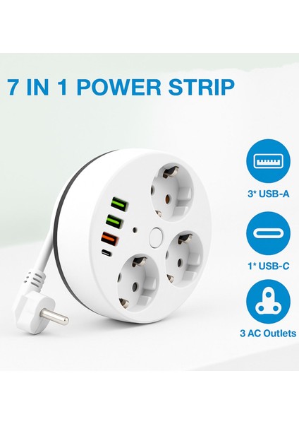 7in1 Makaralı Grup Priz 1.5m Kablo 3 Usb-A 1 Usb-C Akım Korumalı Hızlı Şarj