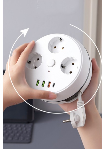 7in1 Makaralı Grup Priz 1.5m Kablo 3 Usb-A 1 Usb-C Akım Korumalı Hızlı Şarj