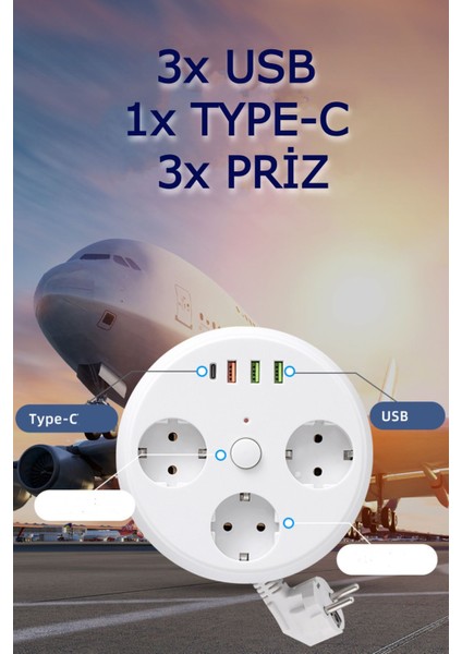 7in1 Makaralı Grup Priz 1.5m Kablo 3 Usb-A 1 Usb-C Akım Korumalı Hızlı Şarj