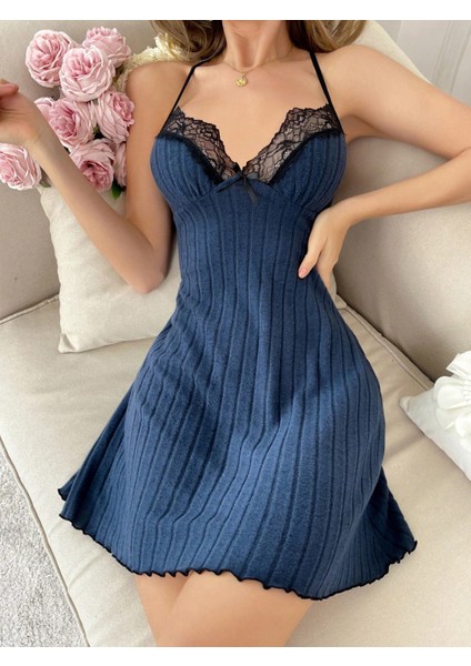 Pamuklu Lacivert Dantel Detaylı Gecelik indirimleri