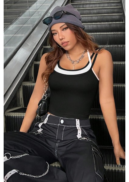 Kadın Beyaz Siyah Çift Renk Çapraz Askılı Crop Top Bluz fiyatları
