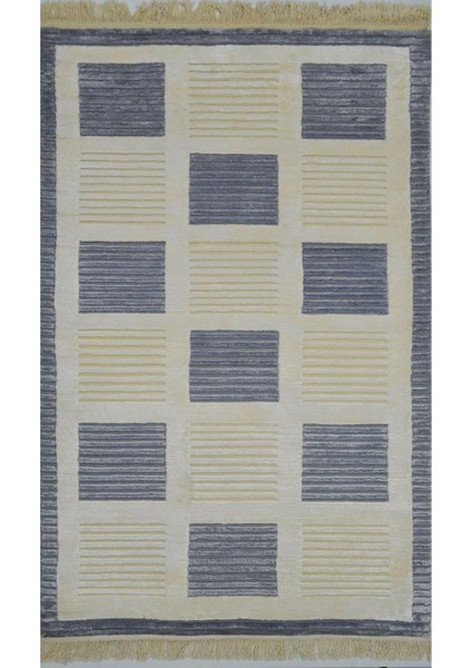 Yüksek Kalite Yünden El Dokuma Dama Desenli Gri Renk Nepal Halısı 80X150 cm (1.2 M²)