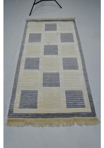 Yüksek Kalite Yünden El Dokuma Dama Desenli Gri Renk Nepal Halısı 80X150 cm (1.2 M²)