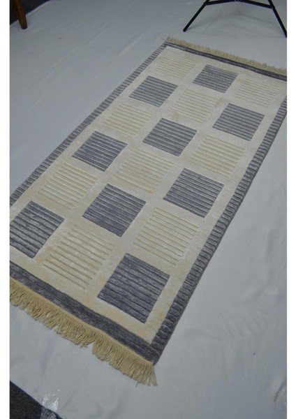 Yüksek Kalite Yünden El Dokuma Dama Desenli Gri Renk Nepal Halısı 80X150 cm (1.2 M²)