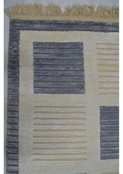 Yüksek Kalite Yünden El Dokuma Dama Desenli Gri Renk Nepal Halısı 80X150 cm (1.2 M²)