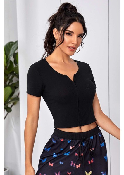 Kadın Siyah Çift Fermuarlı Yarım Kol Crop Top Bluz