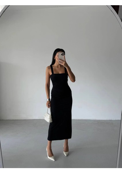 Seona Kalın Askılı Midi Elbise