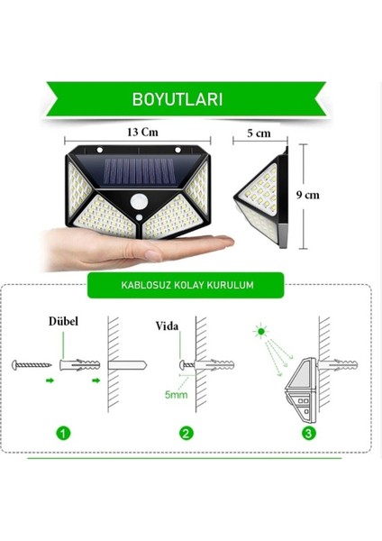 Güneş Enerjili Hareket Sensörlü IP65 Suya Dayanıklı 100 LED Lamba