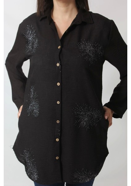SB-092 Siyah Gümüş Yaldızlı Güneş Desenli Kolu Apoletli Yandan Cepli tunik Gömlek Kadın Büyük Beden fırsatları