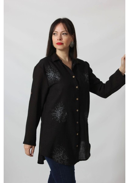 SB-092 Siyah Gümüş Yaldızlı Güneş Desenli Kolu Apoletli Yandan Cepli tunik Gömlek Kadın Büyük Beden indirimleri