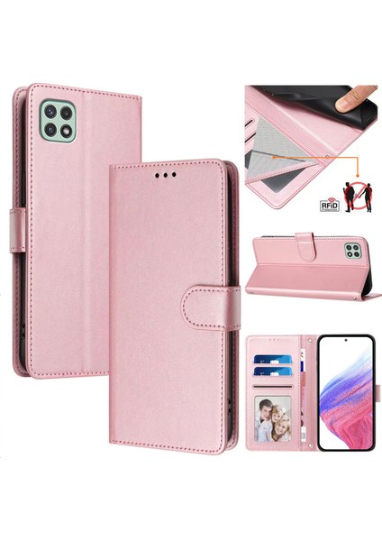 Samsung Galaxy A22 5g Flip Book Deri Cüzdan Çapraz Askılı Bileklik Bileklik Rfıd Engelleme Kılıfı (Yurt Dışından)