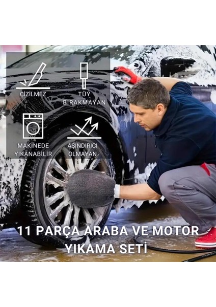 Polham Profesyonel 11 Parça Mikrofiber Araç Oto Yıkama Seti Araç Fırçası Araç Mikrofiber Bez Seti