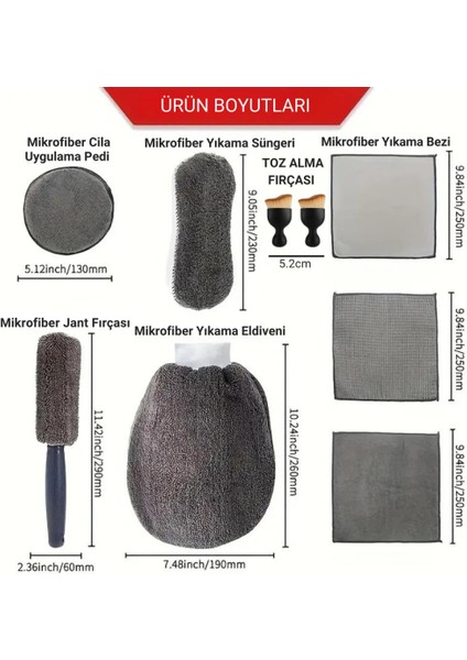 Polham Profesyonel 11 Parça Mikrofiber Araç Oto Yıkama Seti Araç Fırçası Araç Mikrofiber Bez Seti