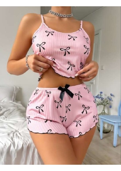 Desenli Örme Kadın Şortlu Pijama Takım