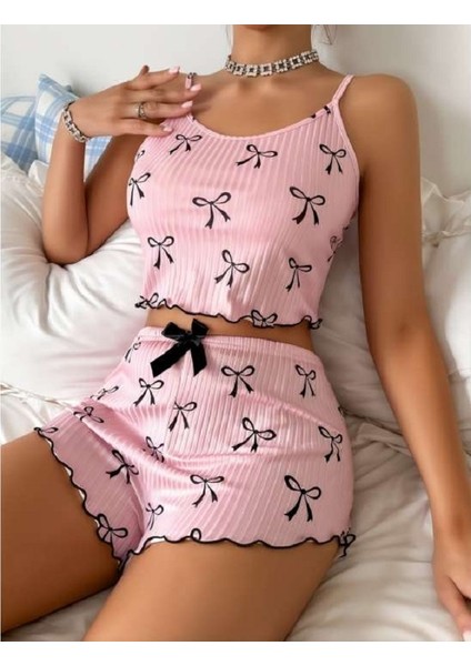 Desenli Örme Kadın Şortlu Pijama Takım