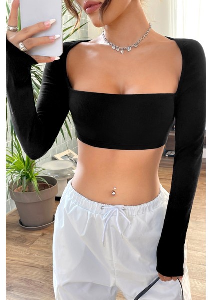 Kadın Siyah Uzun Kol Göğüs ve Sırt Dekolteli Crop Top Bluz