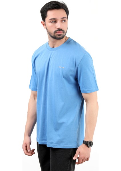 Erkek Bisiklet Yaka Real Time Baskılı Pamuklu T-Shirt Mavi - 2271- 4