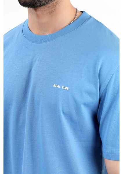 Erkek Bisiklet Yaka Real Time Baskılı Pamuklu T-Shirt Mavi - 2271- 4