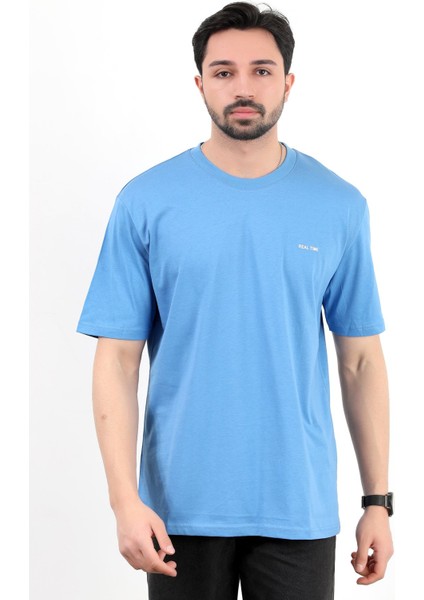 Erkek Bisiklet Yaka Real Time Baskılı Pamuklu T-Shirt Mavi - 2271- 4