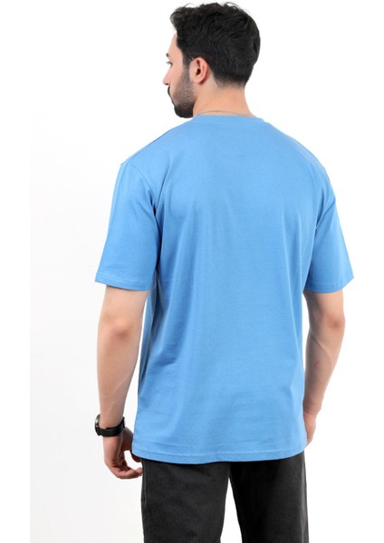 Erkek Bisiklet Yaka Real Time Baskılı Pamuklu T-Shirt Mavi - 2271- 4