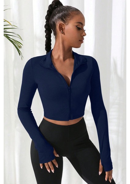 Kadın Lacivert Uzun Kol Fermuarlı Parmak Geçme Detaylı Dik Yaka Crop Top Bluz modelleri