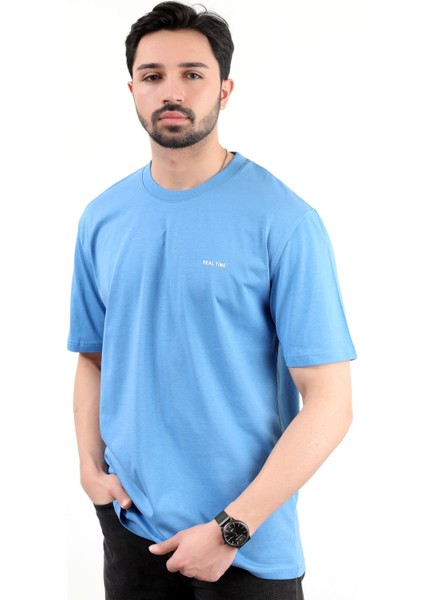 Erkek Bisiklet Yaka Real Time Baskılı Pamuklu T-Shirt Mavi - 2271- 4