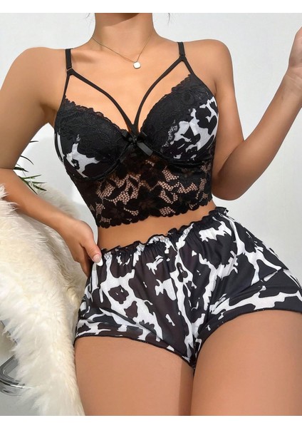 Zebra Desen Büstiyerli Kadın Şortlu Pijama Takım modelleri