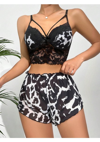 Zebra Desen Büstiyerli Kadın Şortlu Pijama Takım fırsatları