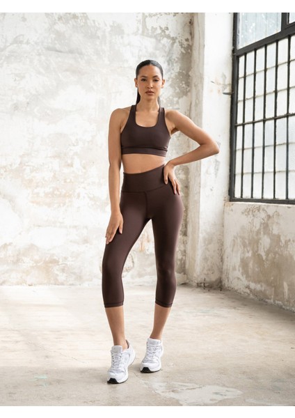 Kahverengi Ekstra Yüksek Bel Toparlayıcı Spor Kapri Tayt