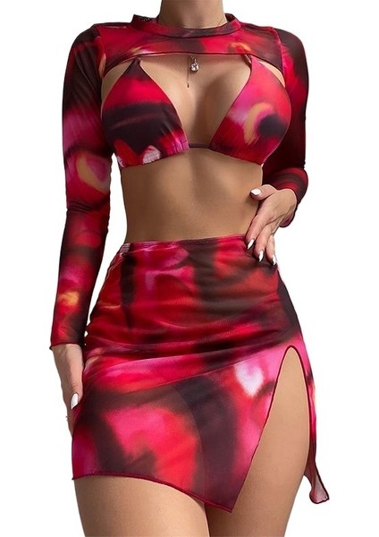 Kadınlar Için Yazlık Kırmızı Yüksek Bel Dört Parçalı Bikini Batik Güneş Koruması Maksi Örtülü Plaj Eteği Mayo (Yurt Dışından)