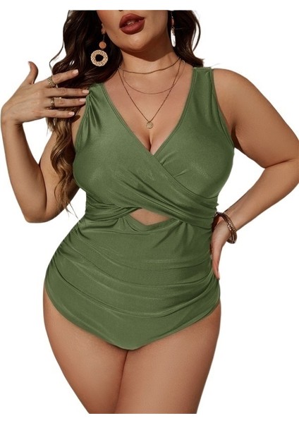 Yaz Yeni Yeşil Tek Parça Mayo Düz Renk Büyük Beden Mayo Örme (Yurt Dışından)