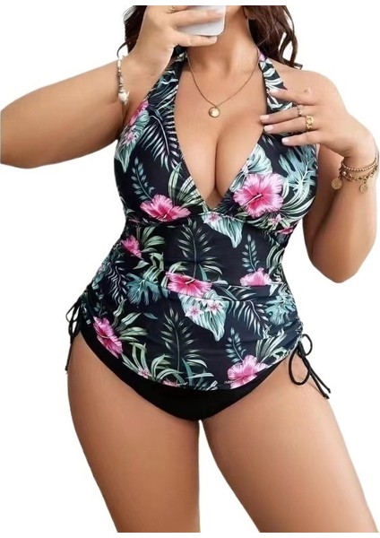 Yaz Siyah Çiçekli Yeni Büyük Boy Bölünmüş Mayo Sıkı Bağcıklı Yüksek Bel Sırtı Açık Bikini Takımı Kadın (Yurt Dışından)