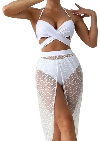 Yeni Mayo Kadın Üç Parçalı Beyaz Güneş Kremi File Uzun Etek Plaj Bölünmüş Bikini (Yurt Dışından)