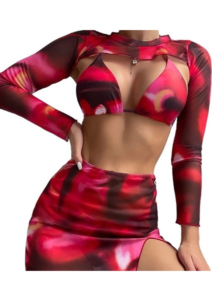 Kadınlar Için Yazlık Kırmızı Yüksek Bel Dört Parçalı Bikini Batik Güneş Koruması Maksi Örtülü Plaj Eteği Mayo (Yurt Dışından) fiyatları