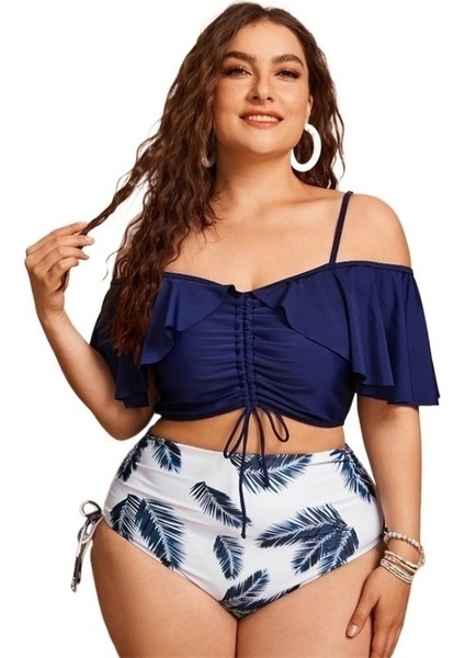 Yaz Mavi Takım Elbise Yeni Bölünmüş Büyük Boy Bağcıklı Fırfırlı Bikini Tek Omuz Askılı Yüksek Bel Mayo Kadın (Yurt Dışından)