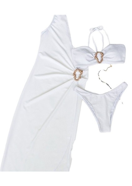 Yaz Üç Parçalı Mayo Yeni Bikini Düz Renk Bölünmüş Tüp Üst Tek Omuzlu Örtü (Yurt Dışından)