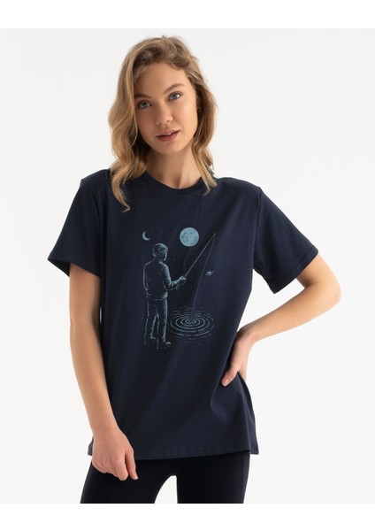 Balıkçı Özgün Tasarım Kadın Tişört Bisiklet Yaka Pamuklu Kadın Tshirt