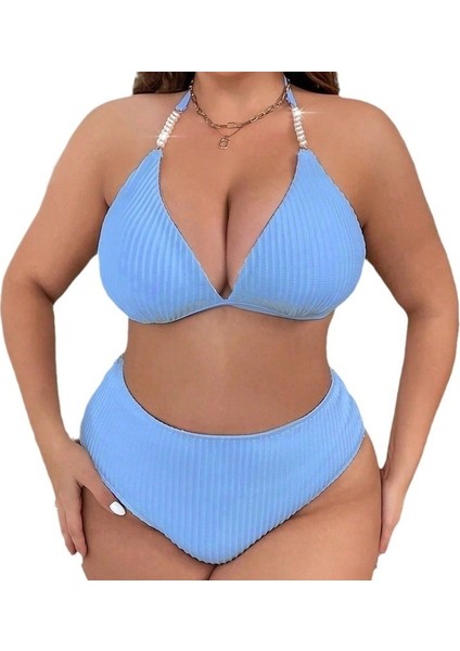 Yaz Mavi Yeni Bölünmüş Büyük Boy Bikini Düz Renk Askılı Boyun Dantel Plaj Mayo Kadın (Yurt Dışından)