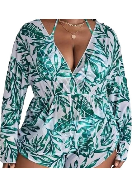 Yaz Küçük Taze Üç Parçalı Mayo Kadın File Baskılı Uzun Kollu Bluz Bikini (Yurt Dışından)