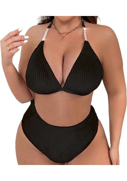 Yaz Siyah Yeni Bölünmüş Büyük Boy Bikini Düz Renk Askılı Boyun Dantel Plaj Mayo Kadın (Yurt Dışından)