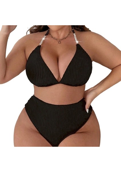 Yaz Siyah Yeni Bölünmüş Büyük Boy Bikini Düz Renk Askılı Boyun Dantel Plaj Mayo Kadın (Yurt Dışından) fiyatları