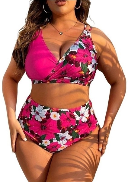 Yaz Kırmızı Çiçek Kadın Büyük Beden Iki Parça Bikini Dijital Baskı Toplanmış Moda Mayo (Yurt Dışından)