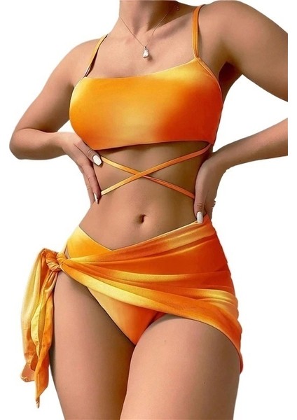 Yazlık Batik Bikini Mayo Kadın Üç Parçalı File Etek Iki Parçalı Mayo (Yurt Dışından)