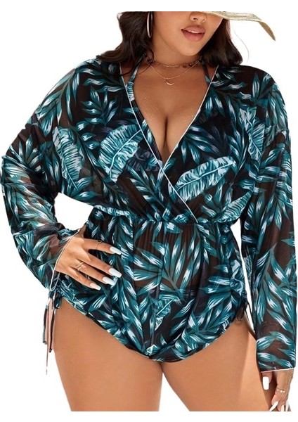 Yaz Yeni Üç Parçalı Mayo Kadın File Baskılı Uzun Kollu Üst Bikini (Yurt Dışından)