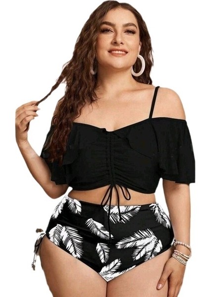 Yaz Siyah Yeni Bölünmüş Büyük Boy Bağcıklı Fırfırlı Bikini Tek Omuz Askılı Yüksek Bel Mayo Kadın (Yurt Dışından)