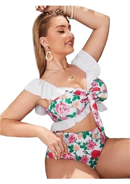 Yaz Yeni Beyaz Çiçekli Mayo Kadın Bölünmüş Omuzdan Askılı Büyük Boy Baskılı Mayo (Yurt Dışından)