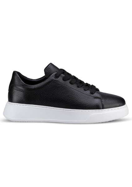 Erkek Siyah Deri Esnek Taban Bağcıklı Casual Ayakkabı Sneaker