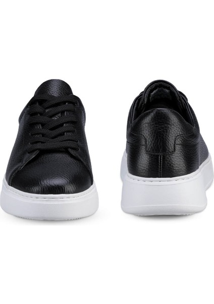 Erkek Siyah Deri Esnek Taban Bağcıklı Casual Ayakkabı Sneaker